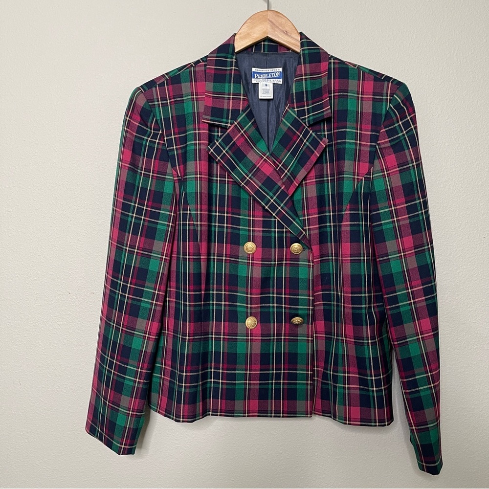 Pendleton Wool Blazer Tartan Plaid Double Breasted Jacket | Size 16 Vintage